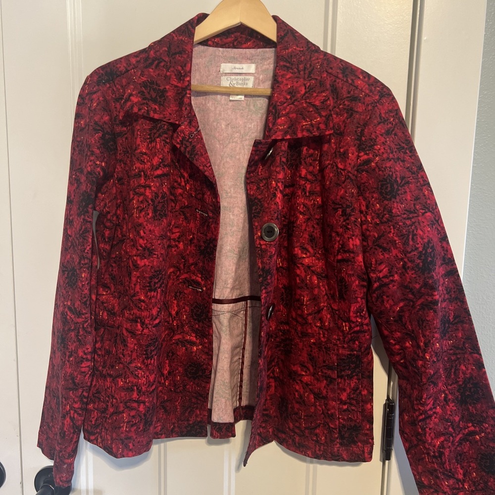 Christopher & Banks Jacket Red Black floral Button Medium Stretch